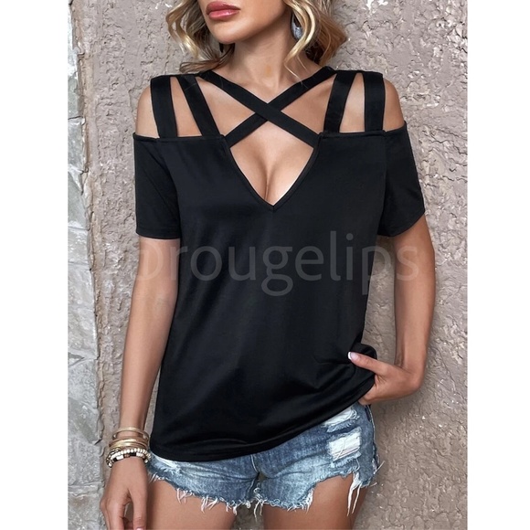 Black Short Sleeve Tee Shirt Top Cold Shoulder Criss Cross Straps - Picture 4 of 7